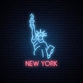 Statue of liberty neon icon. Neon emblem of New York, bright banner. Royalty Free Stock Photo