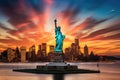 Statue of Liberty and New York City Manhattan skyline at sunset, USA, Statue Liberty and New York city skyline at sunset, AI Royalty Free Stock Photo