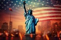 Statue of Liberty and New York City skyline on background. USA concept, Statue of Liberty with USA flag and fireworks. American Royalty Free Stock Photo