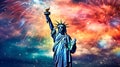 Statue of Liberty with New York City skyline at sunset Royalty Free Stock Photo