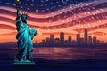 Statue of Liberty in New York City at sunset background, vector illustration, Statue of Liberty with USA flag and fireworks. Royalty Free Stock Photo