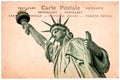 Statue of Liberty in New York, collage on sepia vintage postcard background, word postcard in several languages Royalty Free Stock Photo