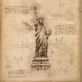 Statue of Liberty New York, USA in Vintage Steampunk Da Vinci Drawing Style