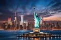 The Statue of Liberty at night in New York City, USA, The Statue of Liberty over the Scene of New york cityscape river side which Royalty Free Stock Photo