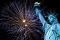 Statue of Liberty, night sky with fireworks, New York Royalty Free Stock Photo