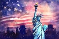 Statue of Liberty at night sky with fireworks and USA Flag, 4th of July independence day celebration, Watercolor style Royalty Free Stock Photo