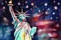 Statue of Liberty at night sky with fireworks and USA Flag, 4th of July independence day celebration, Watercolor style Royalty Free Stock Photo