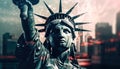 The Statue of Liberty rises against the backdrop of the cityscape - Generative AI Royalty Free Stock Photo