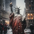 statue of liberty santa claus outfit, new york city christmas blur background Generative AI