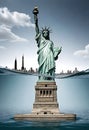a statue of liberty is sinking in the high raised water Royalty Free Stock Photo