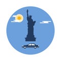 Statue of Liberty, sun, clouds and car. American symbols. Royalty Free Stock Photo