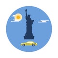 Statue of Liberty, sun, clouds and taxi. American symbols. Royalty Free Stock Photo