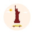 Statue of Liberty, sun, clouds and taxi. American symbols. Royalty Free Stock Photo