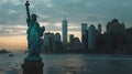 Statue of Liberty at Sunset, Iconic Monument Silhouette, New York City Skyline. Dramatic Evening Light, Travel and Royalty Free Stock Photo