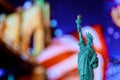 Statue of Liberty, United Stated flag Brooklyn Bridge background, New York, USA Royalty Free Stock Photo