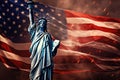 Statue of Liberty with USA flag background. 3D illustration, Statue of Liberty with fireworks against the backdrop of the American Royalty Free Stock Photo