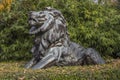 Statue of lion in grass with green bush Royalty Free Stock Photo