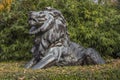 Statue of lion in grass with green bush