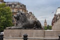 Statue of Lion on Trafalgar Square, on background Big Ben in Lon Royalty Free Stock Photo