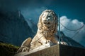 Statue of lion at Vorontsov Palace on background of misty Mount Ai-Petri in Crimea Royalty Free Stock Photo