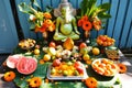 Statue Of Lord Ganesha sitting on golden asana with fruits and flowers. Happy Ganesh Chaturthi Royalty Free Stock Photo