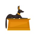 Statue of lying Anubis on golden pedestal, side view. Black-coated wolf or jackal with gold necklace. Flat vector icon Royalty Free Stock Photo