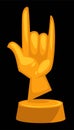 Statue made of shiny gold in shape of hardcore gesture on round stand isolated cartoon flat vector illustration on white