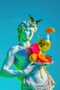 A statue of a man holding a glass of fruit An alcoholic cocktail promises a refreshing and invigorating experience