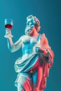 A statue of a man holding a glass of wine In a vibrant pop art style, a statue of an ancient god holding a glass of wine Royalty Free Stock Photo
