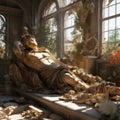 a statue of a man lying on a bed surrounded by flowers