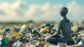 A statue of a man sitting on top of some trash, AI