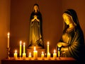 Statue of Mary with Candles Aligned in a Sanctuary, generative ai. Praying Virgin Mary statue at The Church Royalty Free Stock Photo