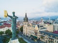 The statue of Medea with the golden fleece topped the high stone column in center of the Europe Square, Batumi, Georgia.