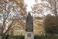 Statue of metropolitan Platon Levshin in Nikolo-Perervinsky monastery. Sunny autumn view.