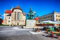 Statue of Michael the Brave and St Michael`s Roman Catholic Cathedral in Alba Iulia