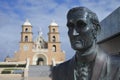 Statue of Monsignor John Hawes with St Francis Xavier Cathedral in Geraldton Mid West region of Western Australia