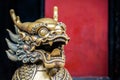 Statue of mystical Chinese guardian lion in Wenshu Temple. Royalty Free Stock Photo