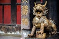 Statue of mystical Chinese guardian lion in Wenshu Temple. Royalty Free Stock Photo