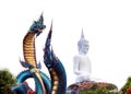 Statue of Naka Buddha and large Buddha statue at Mukdahan Province,Big Buddha Wat Phu Manorom Mukdahan Thailand.on white