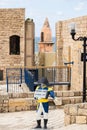 Statue of a Napoleonic soldier indicating the entrance to the historical part in old Yafo in Israel