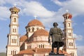 Statue and orthodox church, Korca, Albania Royalty Free Stock Photo