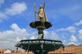 Statue of Pachacuti Inca Yupanqui on the Fountain Top at Plaza de Armas, the Main Square of Cusco, Peru Royalty Free Stock Photo
