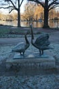 Statue of a pair of swans in a park in winter. 12555 Berlin, Germany