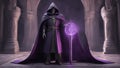 statue of a person with a glowing wand A mysterious and powerful wizard with a gray hood, a purple cloak, and a masked face.