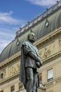 Statue of Petar Preradovic in front of Art Nouveau style Palace of first Croatian savings bank, Zagreb, Croatia