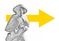 Pilgrim with Yellow Arrow Pointing Towards the Cathedral of Santiago de Compostela