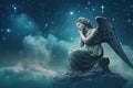 A statue of praying angel over starry sky with copy space