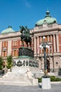 Statue of Prince Mihailo Obrenovic and National Museum of Serbia in Belgrade Royalty Free Stock Photo