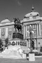 Statue of Prince Mihailo Obrenovic and National Museum of Serbia in Belgrade Royalty Free Stock Photo