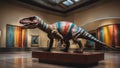 statue of a rainbow dinosaur An artistic scene with a dinosaur sculpture in a museum. The sculpture is colorful and abstract